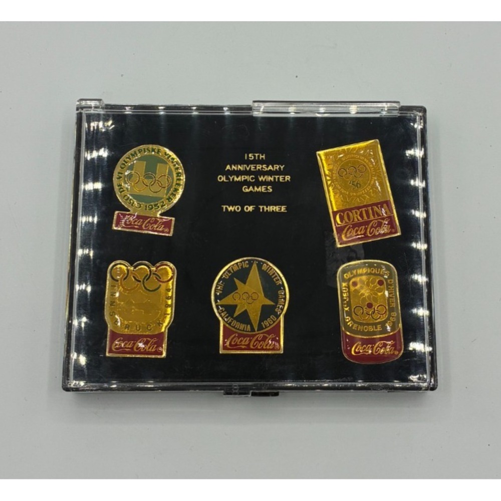Coca-Cola 15th Anniversary Olympic Winter Games Pin Set Two of Three 5 Pins Box